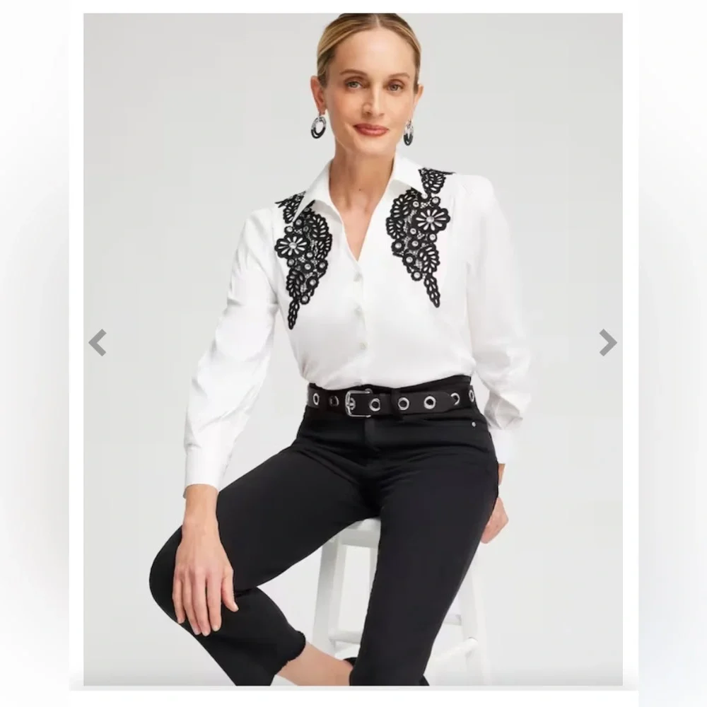 :: CHICO’S Poplin Black Lace on White Appliqué Blouse Dressy Shirt SOLD … - Picture 9 of 14